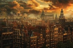 Amsterdam cityscape with canals and churches at dramatic sun Product Image 1