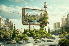 Old billboard showing idyllic landscape surrounded by urban Product Image 1