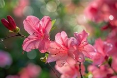 Pink azalea flowers blooming in spring garden with water dro Product Image 1