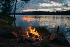 Bonfire burning by the lake at sunset with dramatic clouds Product Image 1