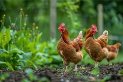 Three brown domestic hens standing on the ground in a garden Product Image 1