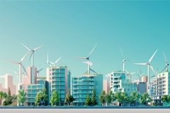 Modern city skyline utilizing green energy wind turbines Product Image 1