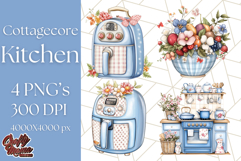 Blue Cottagecore Kitchen Clipart, Vintage Country Floral Png Product Image 1