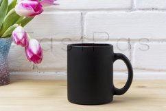 Black coffee mug mockup with magenta tulip Product Image 2