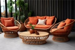 Modern rattan living room interior with orange accents Product Image 1