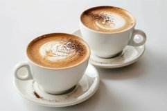 Two cups of cappuccino decorated with chocolate on white bac Product Image 1