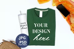 Dark Green T-shirt & Skinny Tumbler Mockup, Folded t-shirt Product Image 1