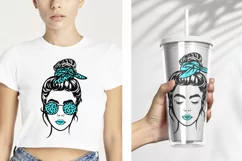 Girl with messy bun, bandana and glasses svg, Leopard print Product Image 2