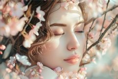 Beautiful woman with eyes closed posing in spring blooming g Product Image 1