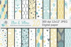 Blue and Yellow Seamless Digital Paper / Pastel Hand drawn patterns / Scales, Hearts, Leaves, Terrazzo Backgrounds Product Image 1