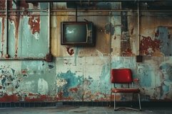 Old television hanging on a grunge wall in an abandoned buil Product Image 1