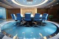 Modern conference room with blue chairs Product Image 1
