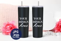 2 Black Skinny Tumblers Mockup Valentine's Day, Full wrap Product Image 2