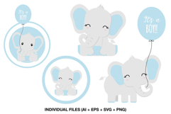 Baby boy elephant clipart set in pastel blue for baby shower invitations
