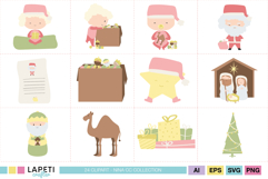 Cute Christmas babies clipart with gifts, crib, and Santa in pastel pink and green colors.