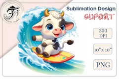 Explore this adorable cartoon baby Cow surfer clipart perfect for children's parties, summer events, birthday invitations, t-shirt designs, sublimation prints, scrapbooking, and more. Bring a fun, summer vibe to your projects.