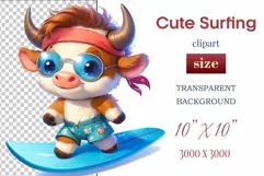 Explore this adorable cartoon baby Cow surfer clipart perfect for children's parties, summer events, birthday invitations, t-shirt designs, sublimation prints, scrapbooking, and more. Bring a fun, summer vibe to your projects.