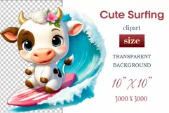 Explore this adorable cartoon baby Cow surfer clipart perfect for children's parties, summer events, birthday invitations, t-shirt designs, sublimation prints, scrapbooking, and more. Bring a fun, summer vibe to your projects.