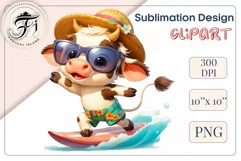 Explore this adorable cartoon baby Cow surfer clipart perfect for children's parties, summer events, birthday invitations, t-shirt designs, sublimation prints, scrapbooking, and more. Bring a fun, summer vibe to your projects.