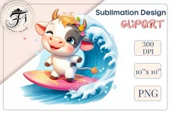 Explore this adorable cartoon baby Cow surfer clipart perfect for children's parties, summer events, birthday invitations, t-shirt designs, sublimation prints, scrapbooking, and more. Bring a fun, summer vibe to your projects.