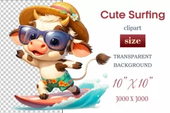 Explore this adorable cartoon baby Cow surfer clipart perfect for children's parties, summer events, birthday invitations, t-shirt designs, sublimation prints, scrapbooking, and more. Bring a fun, summer vibe to your projects.