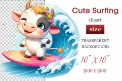 Explore this adorable cartoon baby Cow surfer clipart perfect for children's parties, summer events, birthday invitations, t-shirt designs, sublimation prints, scrapbooking, and more. Bring a fun, summer vibe to your projects.