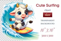 Explore this adorable cartoon baby Cow surfer clipart perfect for children's parties, summer events, birthday invitations, t-shirt designs, sublimation prints, scrapbooking, and more. Bring a fun, summer vibe to your projects.