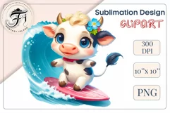 Explore this adorable cartoon baby Cow surfer clipart perfect for children's parties, summer events, birthday invitations, t-shirt designs, sublimation prints, scrapbooking, and more. Bring a fun, summer vibe to your projects.