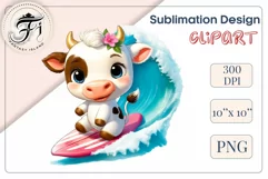 Explore this adorable cartoon baby Cow surfer clipart perfect for children's parties, summer events, birthday invitations, t-shirt designs, sublimation prints, scrapbooking, and more. Bring a fun, summer vibe to your projects.