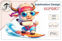 Explore this adorable cartoon baby Cow surfer clipart perfect for children's parties, summer events, birthday invitations, t-shirt designs, sublimation prints, scrapbooking, and more. Bring a fun, summer vibe to your projects