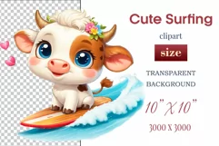 Explore this adorable cartoon baby Cow surfer clipart perfect for children's parties, summer events, birthday invitations, t-shirt designs, sublimation prints, scrapbooking, and more. Bring a fun, summer vibe to your projects.