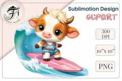 Explore this adorable cartoon baby Cow surfer clipart perfect for children's parties, summer events, birthday invitations, t-shirt designs, sublimation prints, scrapbooking, and more. Bring a fun, summer vibe to your projects.