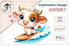 Explore this adorable cartoon baby Cow surfer clipart perfect for children's parties, summer events, birthday invitations, t-shirt designs, sublimation prints, scrapbooking, and more. Bring a fun, summer vibe to your projects.