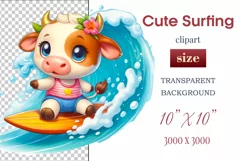 Explore this adorable cartoon baby Cow surfer clipart perfect for children's parties, summer events, birthday invitations, t-shirt designs, sublimation prints, scrapbooking, and more. Bring a fun, summer vibe to your projects.