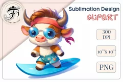 Explore this adorable cartoon baby Cow surfer clipart perfect for children's parties, summer events, birthday invitations, t-shirt designs, sublimation prints, scrapbooking, and more. Bring a fun, summer vibe to your projects.