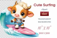 Explore this adorable cartoon baby Cow surfer clipart perfect for children's parties, summer events, birthday invitations, t-shirt designs, sublimation prints, scrapbooking, and more. Bring a fun, summer vibe to your projects.