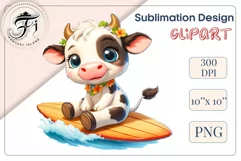 Explore this adorable cartoon baby Cow surfer clipart perfect for children's parties, summer events, birthday invitations, t-shirt designs, sublimation prints, scrapbooking, and more. Bring a fun, summer vibe to your projects.
