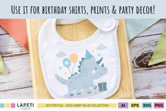 Baby dinosaur birthday clipart of a blue triceratops with balloons printed on a white baby bib.