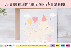 Baby dinosaur pink triceratops birthday clipart shown on a party print, ideal for invitations and decor.