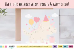 Baby dinosaur pink triceratops birthday clipart shown on a party print, ideal for invitations and decor.