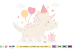 Cute baby dinosaur birthday clipart featuring a pink triceratops with balloons, party hat and gift.