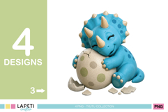 Sleepy blue baby triceratops hugging its large cracked eggshell