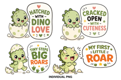 Four cute green baby dinosaur PNG designs for baby bodysuits and toddler shirts