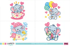 Four pastel elephant illustrations featuring playful scenes with hearts, balloons, flowers and bath bubbles for cute greeting card designs.