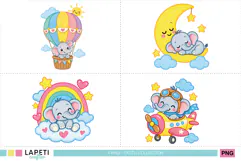 Adorable gray baby elephant riding in a colorful rainbow hot air balloon with a smiling sun and blue clouds