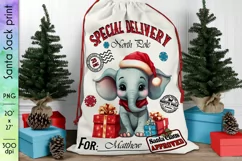 Santa Sack Sublimation | Baby Elephant with Christmas Gifts Product Image 1