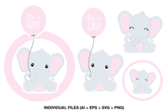 Baby girl elephant clipart collection with four pastel illustrations.