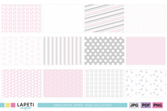 Thumbnail showing 12 pink and grey elephant-themed digital papers. Includes patterns with elephants, hearts, stars, stripes, plaids, triangles, and polka dots. Perfect for baby shower invitations, scrapbooking, and nursery crafts.