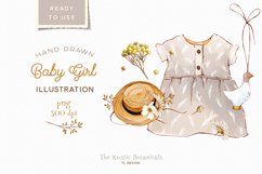 Hand drawn Girl’s clothes, summer straw hat and flowers