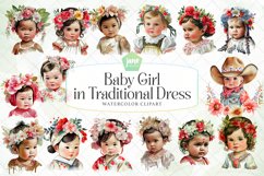 Baby Girl in Traditional Dress Watercolor Big Bundle Clipart Product Image 1